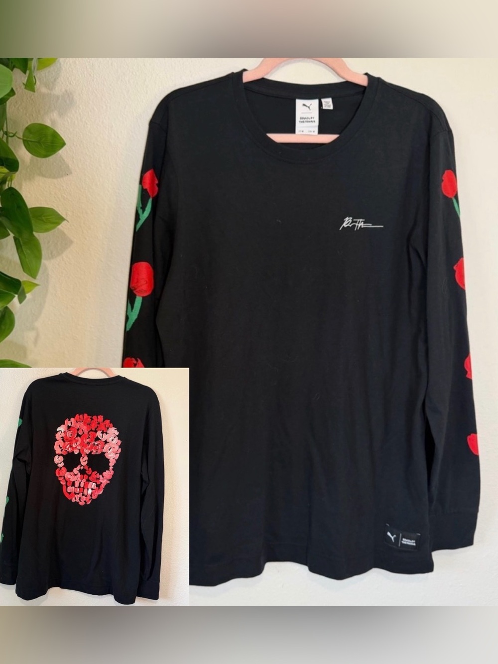 Puma x Bradley Theodore Artist Collab Long Sleeve Skull Roses Tee M Black Ltd Ed